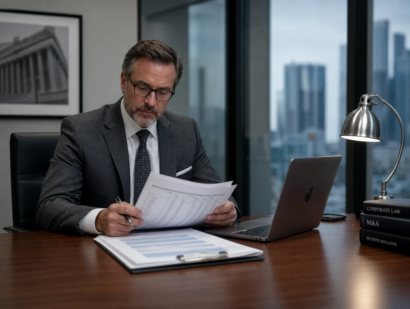 Corporate boardroom meeting with legal documentation